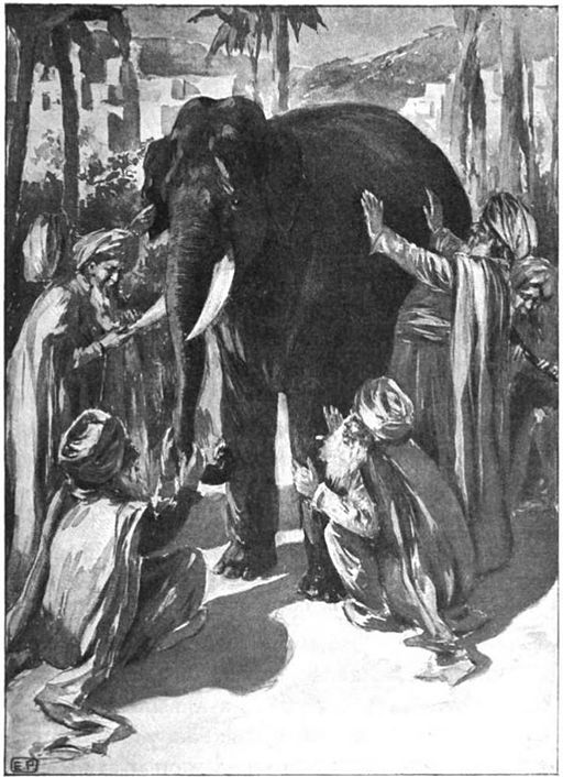 "Blind men and an elephant" (1907) from The Heath Readers by Grades, D.C. Heath and Company (Boston), p. 69. Illustrator unknown.